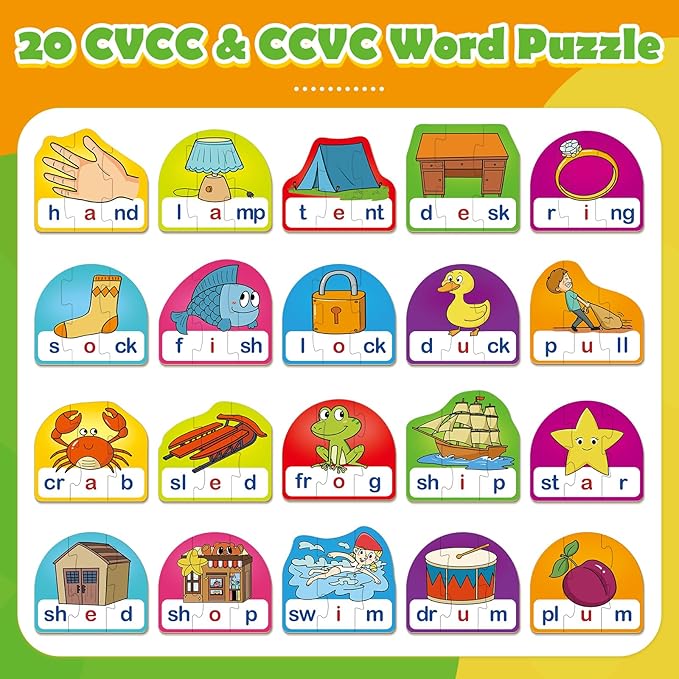 CVCC & CCVC Puzzle Cards for Kids,Phonics Games,Speech Therapy Toys for Toddlers,3 Alphabet Letter Word Puzzle,Learning Reading Spelling Games,Preschool Kindergarten Classroom Must Haves