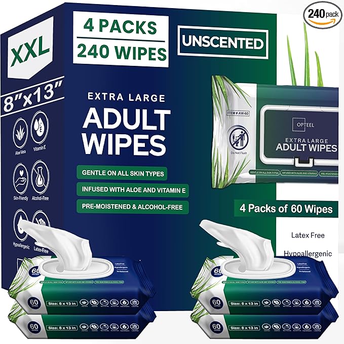 Adult Wipes For Elderly - 8"x13" Extra Large & Soft Wet Wipes for Adults Bathing - Incontinence Disposable Washcloths, Vitamin E & Aloe Infused for Men & Women 240ct (4 Packs of 60)