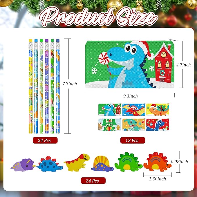 Cinrobiye 48 Pcs Christmas Dinosaur Gift Set Holiday Pencil Case Pouches Dino Pencils Erasers Xmas Party Supplies Stocking Stuffers Goody Bag Fillers Teacher Rewards Prizes Holiday Exchange Gifts