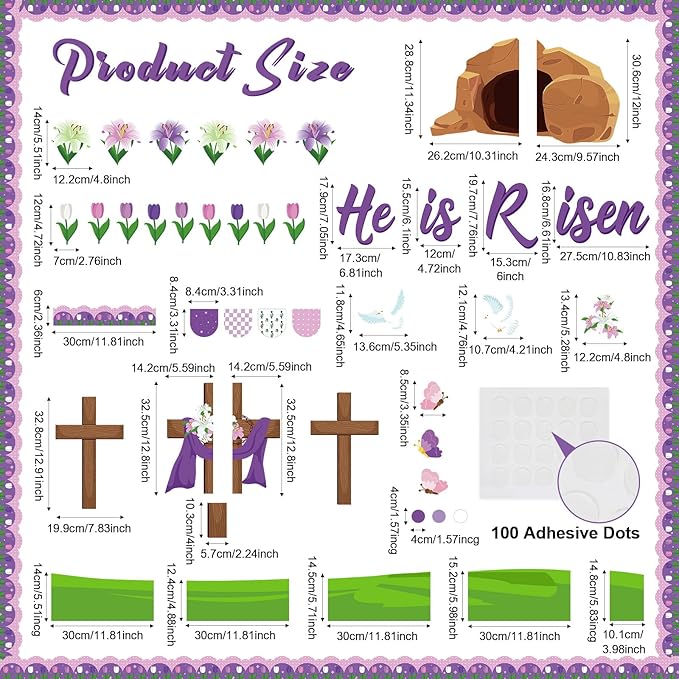 Supervitae 86 Pcs Christian Easter Bulletin Board Decorations Set Religious Easter Classroom Decorations He is Risen Paper Cut Outs for School Nursery Spring Birthday Party Supplies