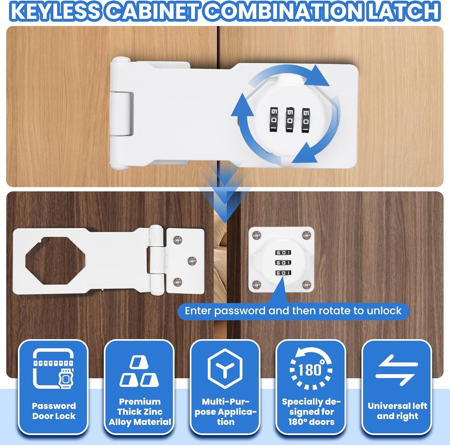 Keyless Cabinet Lock with Combination Code - 3-Digit Password Hasp Latch Lock for Drawers, Bifold Closet Door and Double Sided Door (White, 4.5 Inch)