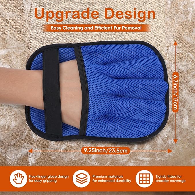 2Pcs Pet Hair Removal Gloves for Cats & Dogs: Upgraded Five-Finger Electrostatic Magic Brush | Reusable Pet Fur Remover Glove for Laundry, Couch, Carpet, Car Seats, Furniture & Clothing (Blue)