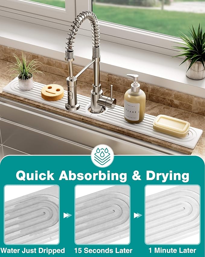 Stone Faucet Mat for Kitchen Sink, Diatomite Sink Protectors - Prevent Moisture Drying Stone Tray Fit Kitchen Counter & Bathroom Counter (White, 15.8" x 4")