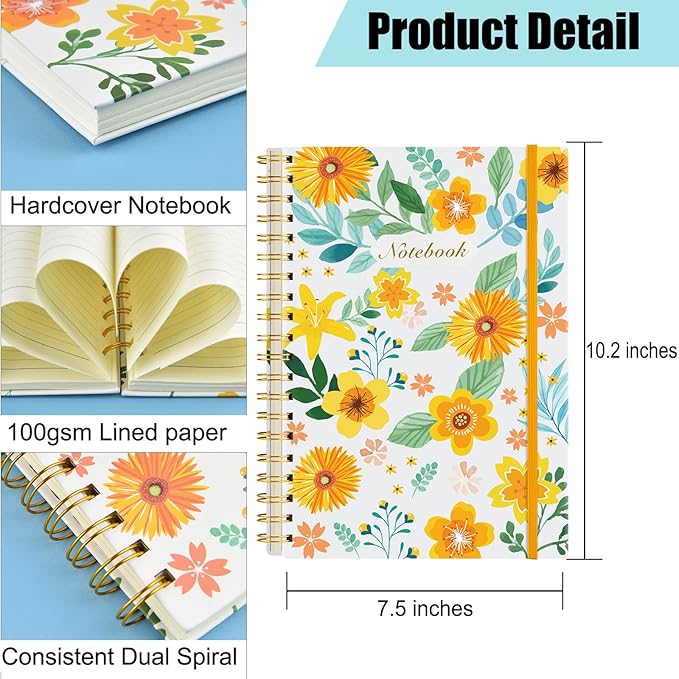 Coopay 4 Pack B5 Spiral Notebook Journal for Women, College Ruled Composition Notebooks Hardcover Spiral Journal, Cute Blooming Floral, Office School Business Supplies, 10.2" x 7.5", 160 Page