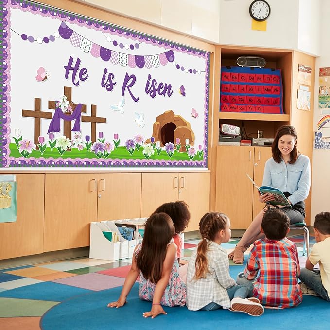 Supervitae 86 Pcs Christian Easter Bulletin Board Decorations Set Religious Easter Classroom Decorations He is Risen Paper Cut Outs for School Nursery Spring Birthday Party Supplies