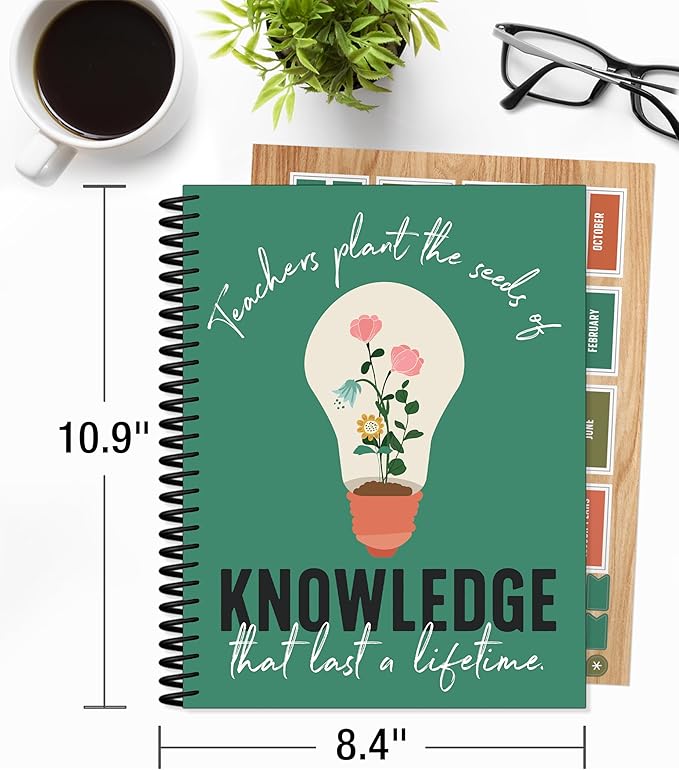 Carson Dellosa Grow Together Teacher Planner, 8" x 11" Green Spiral Bound Lesson Plan Book With Stickers, Checklist, Notes, Garden Theme School Supplies for Classroom Organization