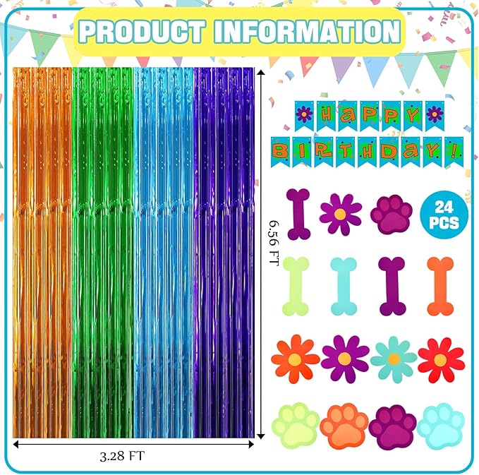 Epakh 39 Pcs Cartoon Dog Birthday Party Decorations Includes 24 Pieces Paper Cards Decor 13 Pcs Happy Birthday Banner 2 Pcs Foil Fringe Curtain Backdrop for Photo Prop Themed Party Supplies
