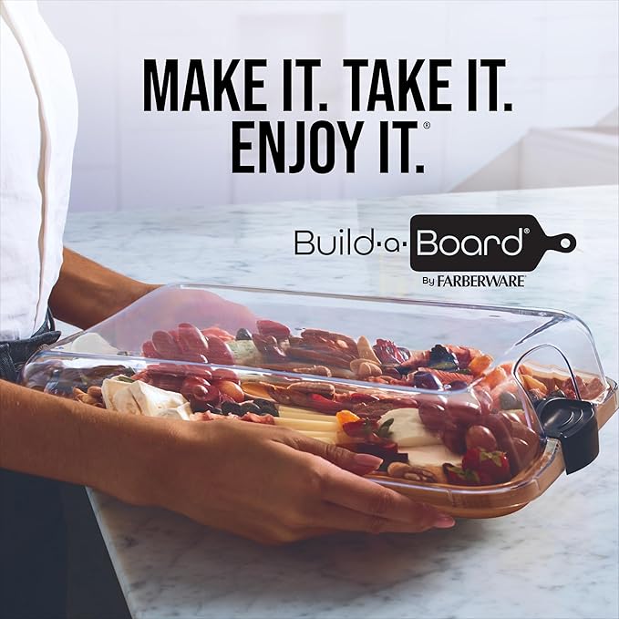 Farberware Build-A-Board Bamboo Cutting Board with Built-In Compartments & Clear Locking Lid, Black Handles – Charcuterie, Snack Tray, Food Prep and Serving Platter