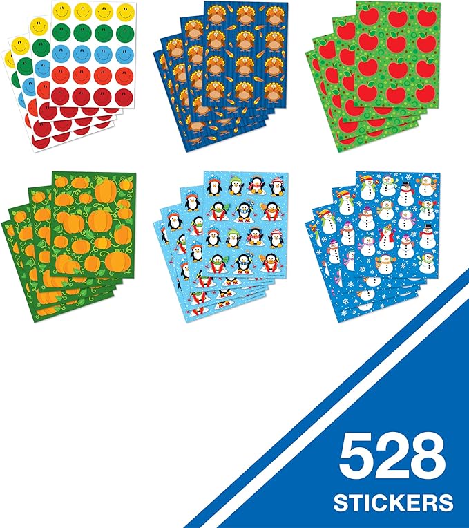 Carson Dellosa Fall & Winter Stickers - 528pc Pumpkin, Turkey, Apple, Smiley Face, Snowman, Penguin Seasonal Classroom Teacher Motivational Rewards, Awards, Incentives, Prizes, Good Work