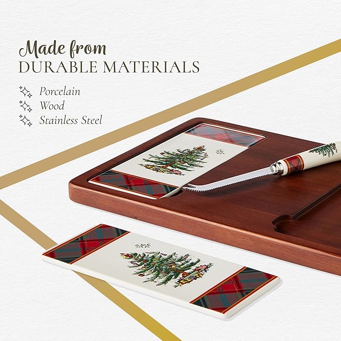 Spode Christmas Tree Cheese Board & Knife Set, Tartan Plaid - Holiday Entertaining, Charcuterie & Cracker Tray, Seasonal Serveware - Christmas Table Setting & Presentation
