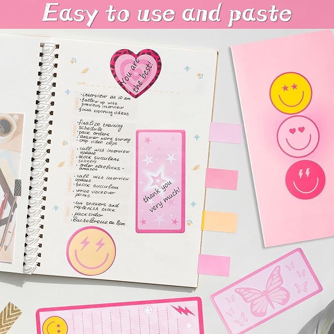 L1rabe Preppy Sticky Notes Set - Back to School 550 Sheets Y2K Smile Face Self-Stick Notes Pads Pink Divider Tabs Bundle Writing Memo Pads for Preppy Students Teacher Girls Woman Birthday Gifts