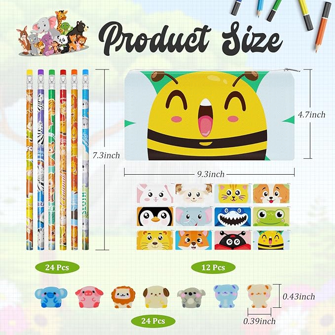 Cinrobiye 48 Pcs Animal Gift Set Pencil Case Pouches Fun Animal Pencils Erasers Party Supplies Stocking Stuffers Goody Bag Fillers Teacher Rewards Prizes Exchange Gifts