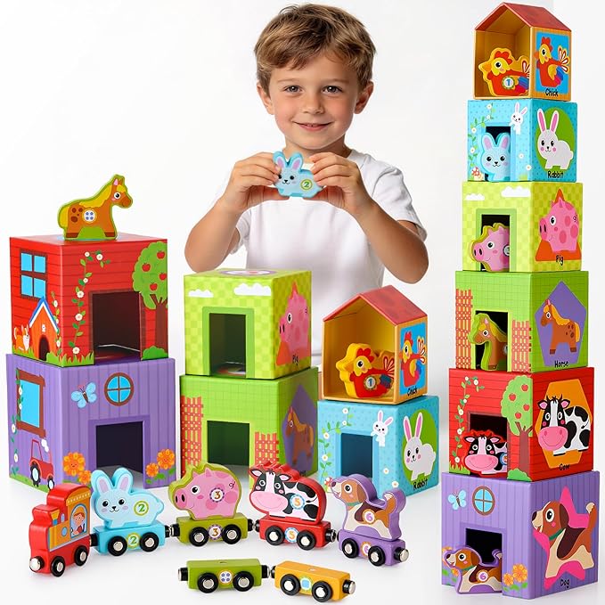 Atoylink Stacking Blocks Nesting Toys with Magnetic Animal Train, 6 Farm Cubes Number Learning Set for Toddlers 18M-6Y, Montessori Educational Counting Toy for Boys Girls, Safe Non-Toxic Kids Gift