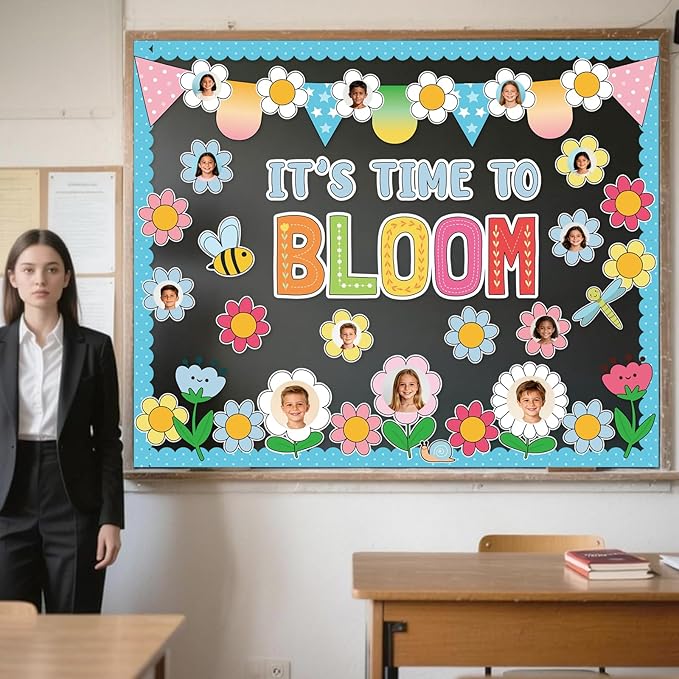 Spring Floral Bulletin Board Decorations for Classroom -It's Time To Bloom Bulletin Board Set Daisy Bee Dragonfly Cutouts DIY Flower Photo Crafts for Summer Spring School Home Wall Door Decor Supplies