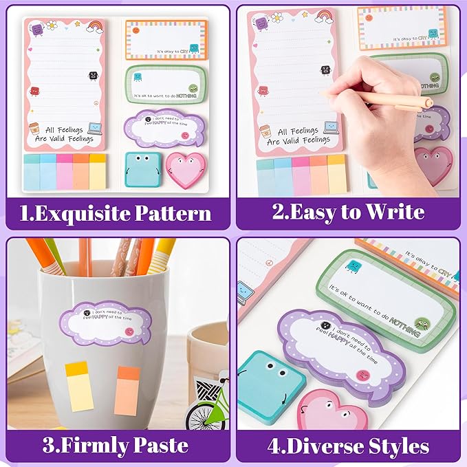 B1ykin Cute Sticky Notes Set - It’s Okay To Feel All The Feels Self-Stick Notes Pad, 550 Sheets Writing Memo Pages Sticky Notepad for Teacher Appreciation Gifts, School Office Supplies (Mental Health)