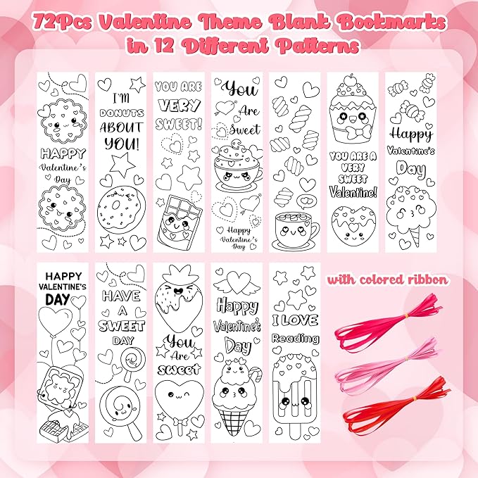 75Pcs Valentine’s Day Color Your Own Bookmarks Desserts Theme DIY Coloring Blank Bookmark Classroom Art Craft Supplies for Teachers Students Valentines Party Gift Supplies Reward Goodie Fillers