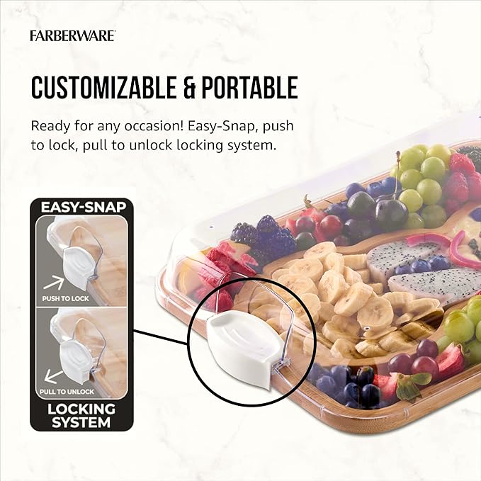 Farberware Build-A-Board Snowman Shaped Bamboo Serving Board with Clear Lid, Make and Take Holiday Charcuterie and Dessert Tray