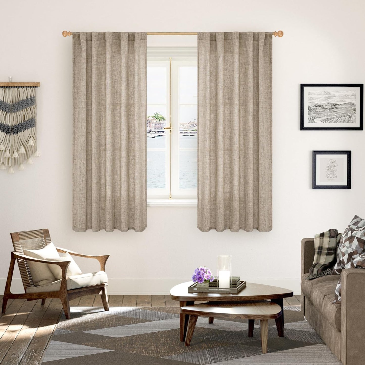 YoungsTex Dark Oatmeal Linen Curtains 63 Inch Length for Living Room, Light Filtering Semi Sheer Window Drapes Rod Pocket Back Tab Curtain for Bedroom, 2 Panels, 42 X 63 Inch