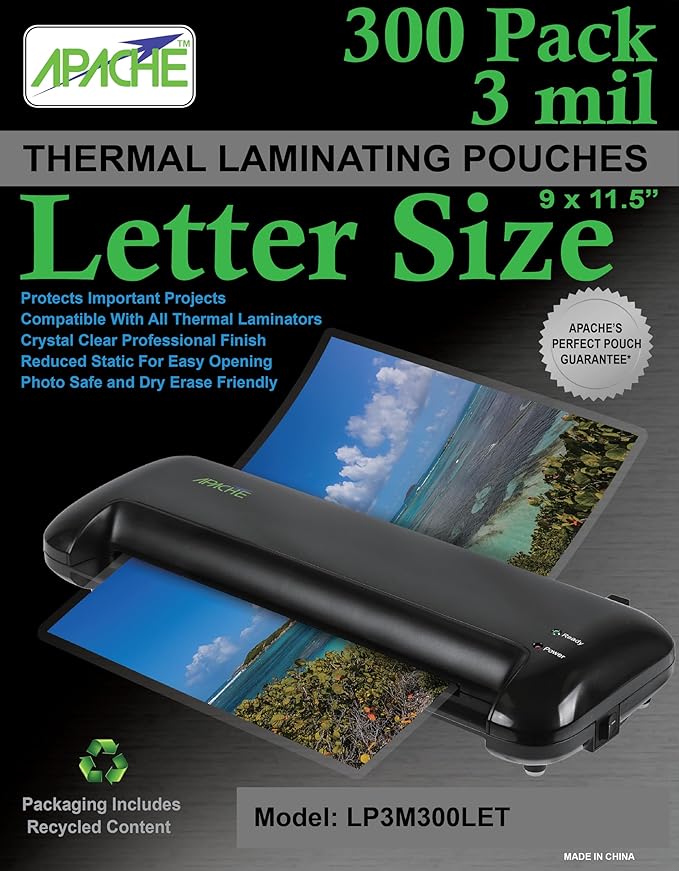 Apache 300 Pack Laminating Pouches 3 mil, Holds 8.5 x 11 Inch Letter Size (9 x 11.5 Inch Sheets), Office and School Supplies, Thermal Laminating Sheets, Super Clear, Round Corner