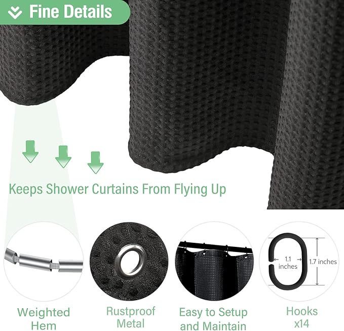 Dynamene Extra Wide Shower Curtain - 84 Inch Wide Waffle Weave Weighted Thick Cloth Bathroom Shower Curtain, Neutral Heavy Duty Hotel Bath Curtain Set with 14 Plastic Hooks, 84x72, Black