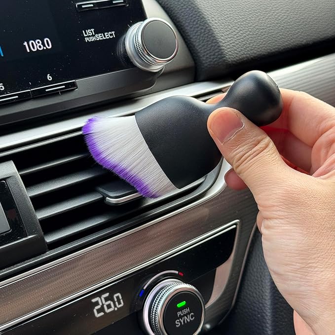 Car Detailing Brush, Soft Bristle Cleaning Brush, Scratch-Free Auto Duster Tool for Dashboard, Air Vents, Leather & Interior Cleaning (Black&Purple with Cap)