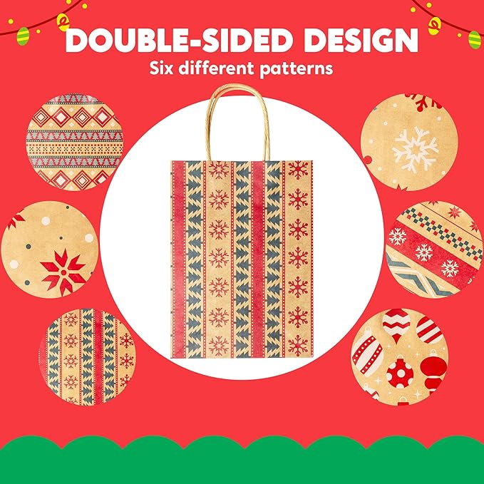 JOYIN 24 PCS Christmas Kraft Gift Bags Xmas Paper Goody Wrap Bags with Durable Handles and Non-Breaking Bottoms for Holidays, Birthdays, Classrooms and Party Favors (8.27 x 5.91 x 3.15)