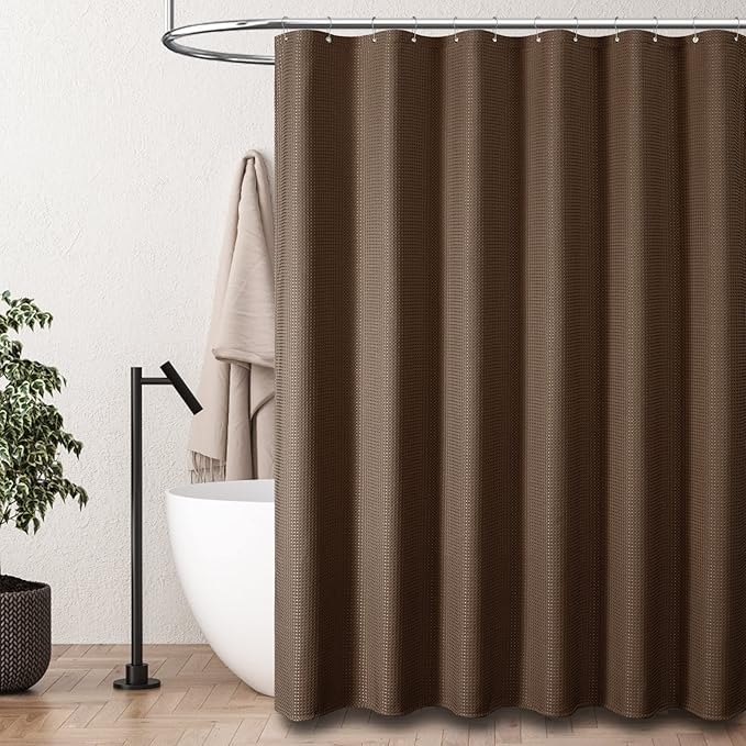 Dynamene Extra Long Fabric Shower Curtain - Waffle Weave 90 Inches Long Heavy Duty Cloth Shower Curtains for Bathroom, 256GSM Tall Hotel Luxury Bath Curtain Set with 12 Plastic Hooks, Brown
