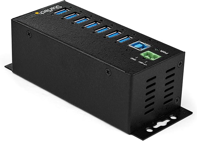StarTech.com 7-Port USB 3.0 Hub with Power Adapter - Metal Industrial USB-A Hub with ESD & 350W Surge Protection - Din/Wall/Desk Mountable - High Speed USB 3.0 (5Gbps) - Hub , TAA (HB30A7AME)