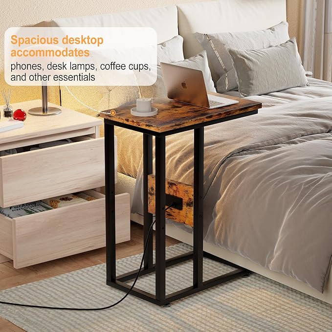 VECELO C Shaped End Table with Charging Station & Power Outlets, Quick Access Side Table for Sofa, C Bedside for Living Room Bedroom 1 Set,Brown