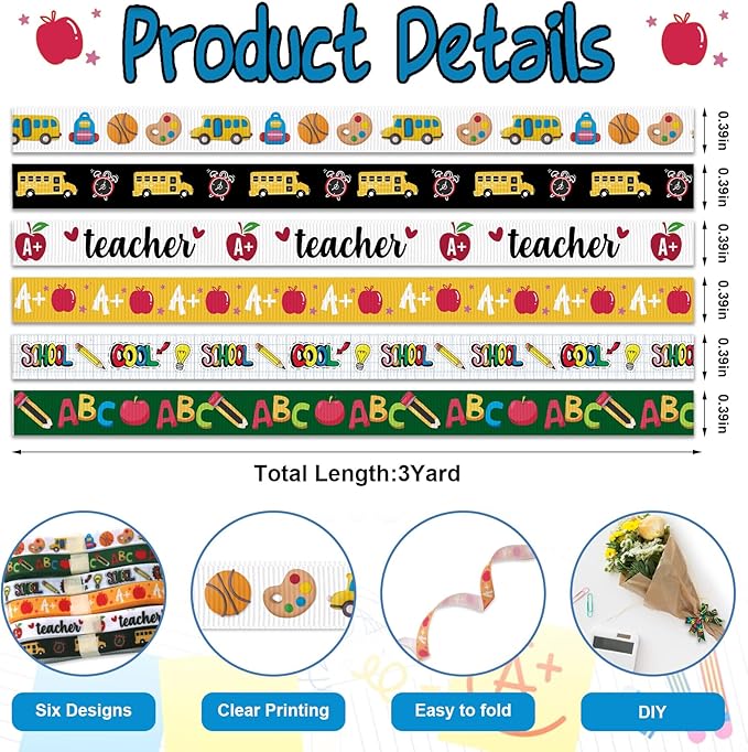 Threetols 6 Rolls 18 Yards Back to School Ribbons, 3/8" School Day Grosgrain Black Green Yellow White Apple Pencil ABC Bus Gift Wrapping Ribbon for Teacher Kindergarten Party Supply