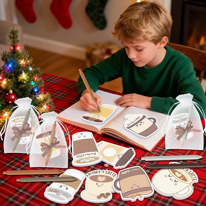 Xqumoi Thanks A Latte Sticky Notes with Pen Gift Set - 24 Set Coffee Self Sticky Writing Memo Pads Ballpoint Pens with Mesh Bag Thank You Gift Party Favors School Classroom Rewards Office Supplies