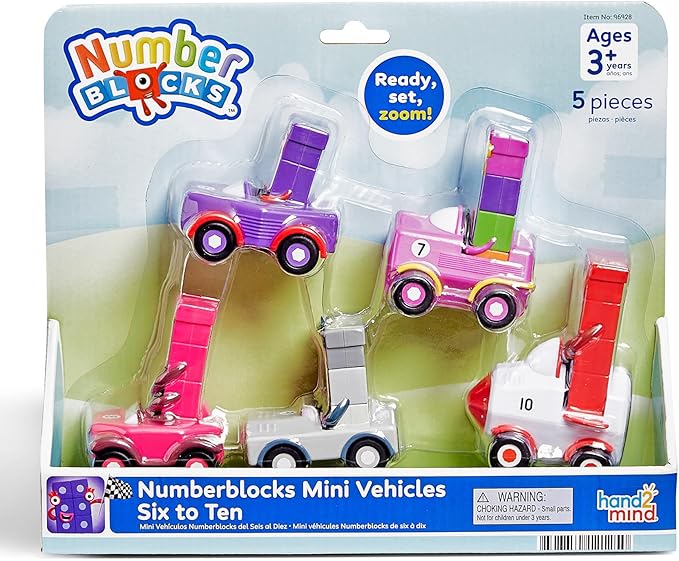 hand2mind Numberblocks Six to Ten Mini Vehicles, Race Car Toys, Preschool Math Counting Toys, Action Figure Set, Numbers for Toddlers, Small Figurines for Kids, Toddler Restaurant Activities