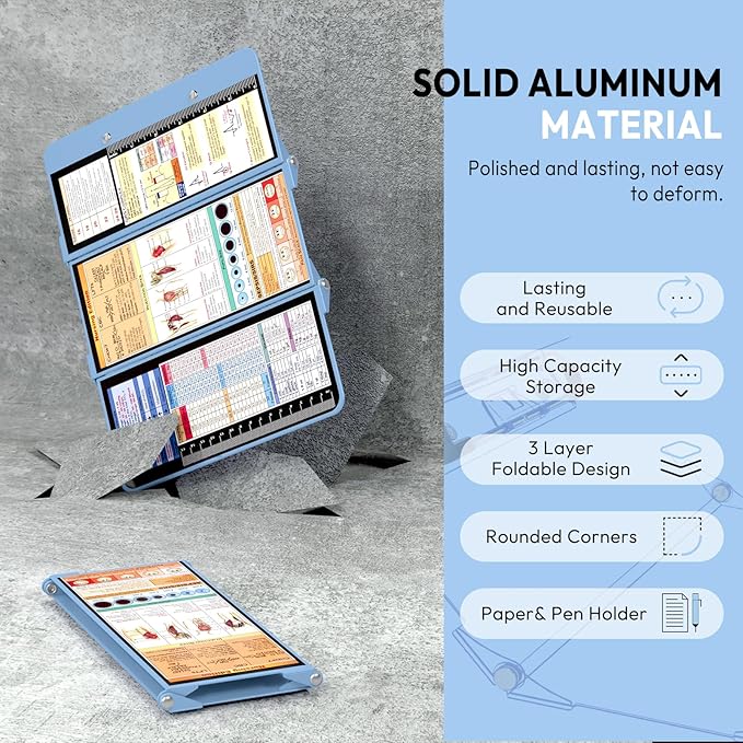 Nursing Clipboard Foldable, Foldable Clipboard w/Nursing Edition Cheat Charts,3 Layers Aluminum, Nurse Clip Board w/Low Profile Clip&Pen Clip Pocket for Nurses and Doctors,Light Blue
