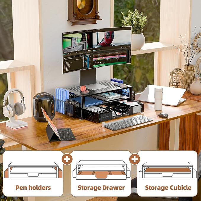 Simple Trending Desk Organizer and Accessories, 2 Tier Computer Metal Monitor Stand Riser with Drawer and Pen Holder for Laptop, Computer, iMac, Black
