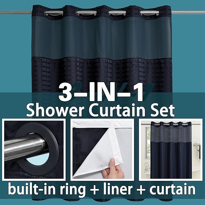 Conbo Mio Extra Long No Hook Shower Curtain with Snap in Liner Set, Hotel Luxury Black Shower Curtains for Bathroom with See Through Top Window, Waterproof, Washable 71W x 84H