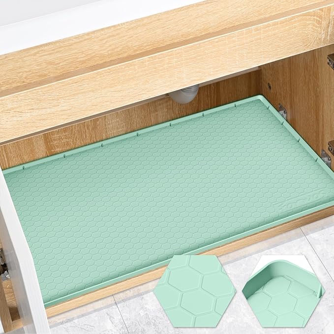 Waterproof Under Sink Mat 31" x 22", Silicone Cabinet Liner, Rubber Protector for Kitchen and Bathroom, Keeps Cabinets Clean, Dry, and Organized (Mint Green)
