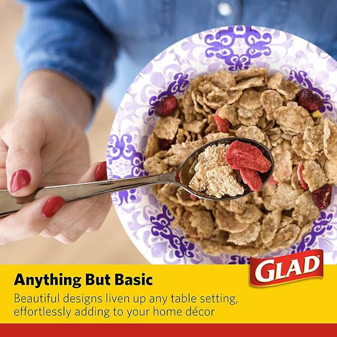 Glad Round Disposable Paper Bowls, Purple Victorian Design - Heavy Duty, Soak Proof, Cut-Resistant, Microwavable Bowl for All Foods & Daily Use, 12 Oz, 20 Count