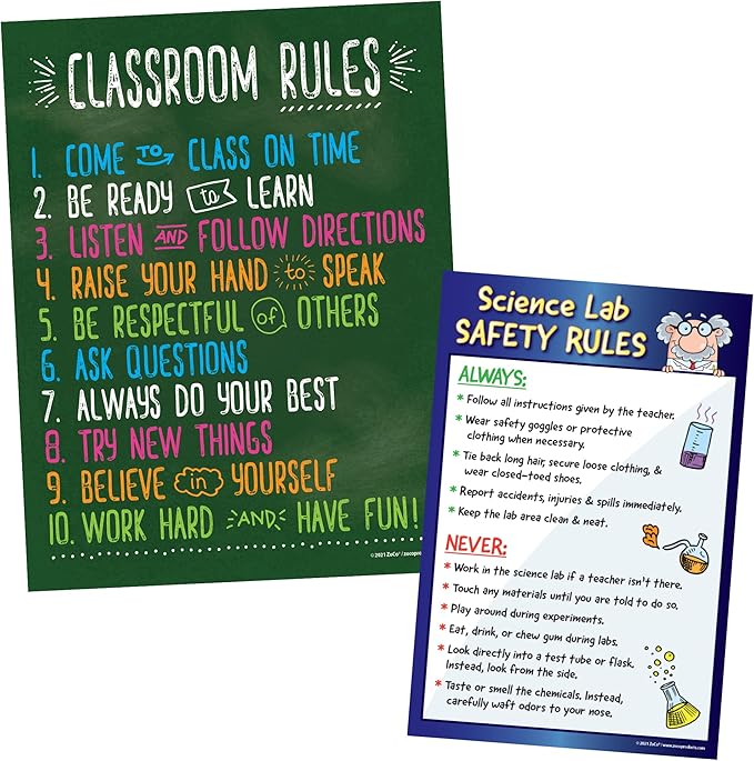 ZOCO – Science Lab Safety Rules (12x18) & Classroom Rules (17x22) – Laminated Poster Set – 2-Pack for Middle & High School Classrooms, Teacher Supplies