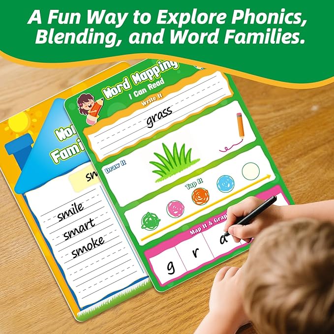 12 Packs Word Families Read and Rhyme Phonemic Awareness Dry Erase Board, Speech Therapy Phonics Games Flash Cards, Elkonin Boxes Science of Reading Spelling Manipulatives Classroom Must Have