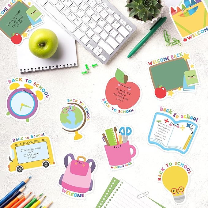 Xqumoi 30 Pack Back to School Sticky Notes - Blackboard Apple Book Globe Bus Shaped Self-Adhesive Writing Memo for Kids Teens Welcome Back Gift School Classroom Office Home Reminder Notepad Supplies