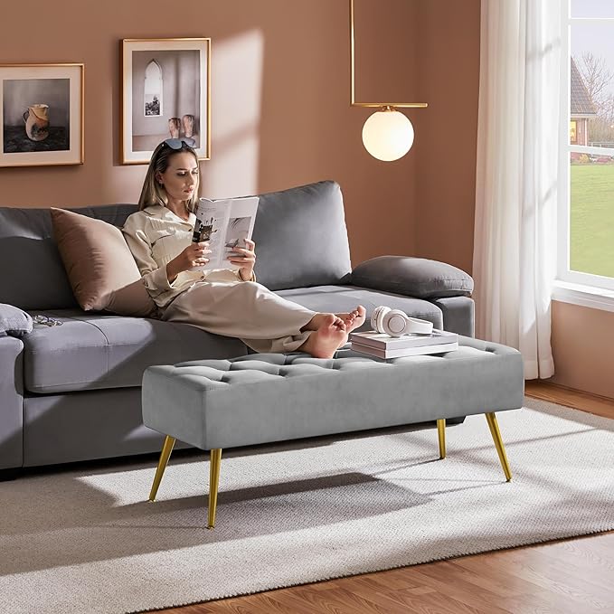 Yaheetech Modern Ottoman Bench Velvet Bench Upholstered Footrest with Gold Metal Legs and Padded Seat Gray
