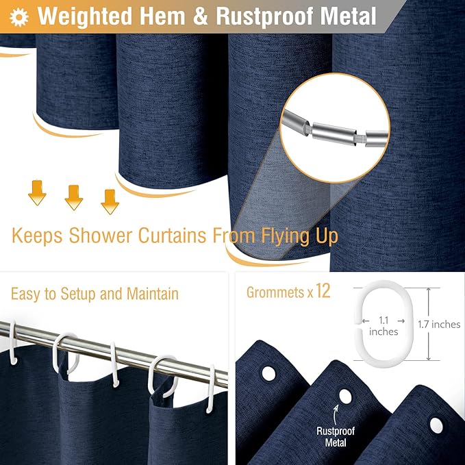 BTTN 78 Inch Long Shower Curtain - Linen Textured Thick Weighted Fabric Shower Curtain Set with 12 Hooks, Tall Neutral Heavy Duty Waterproof Polyester Shower Curtains for Bathroom - 72x78 - Navy Blue