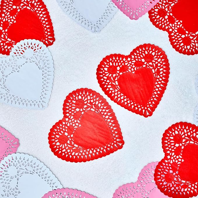 JOYIN 102 PCS 10" Valentines Day Heart Doilies, Tableware Decoration, Home Activitie, Kitchen Disposable Table Crafts, Red White Pink Heart Doilies