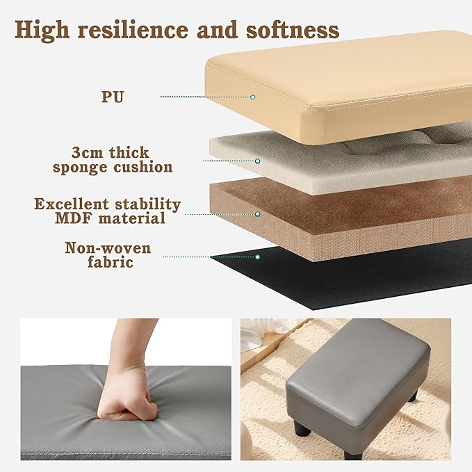 VECELO Small Foot Stool Ottoman, PU Foot Rest with Legs, Rectangle Footrest for Living Room Couch, Gray