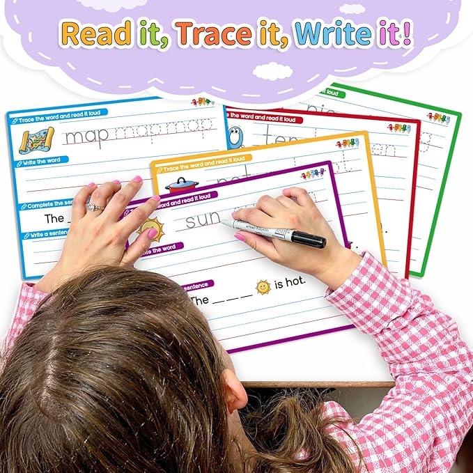 CVC Word Games Sentence Building for Kindergarten Phonics Games for Kids, Sight Words Flash Cards Learn to Write Handwriting Practice Tracing, Preschool Learning Activities Homeschool Supplies