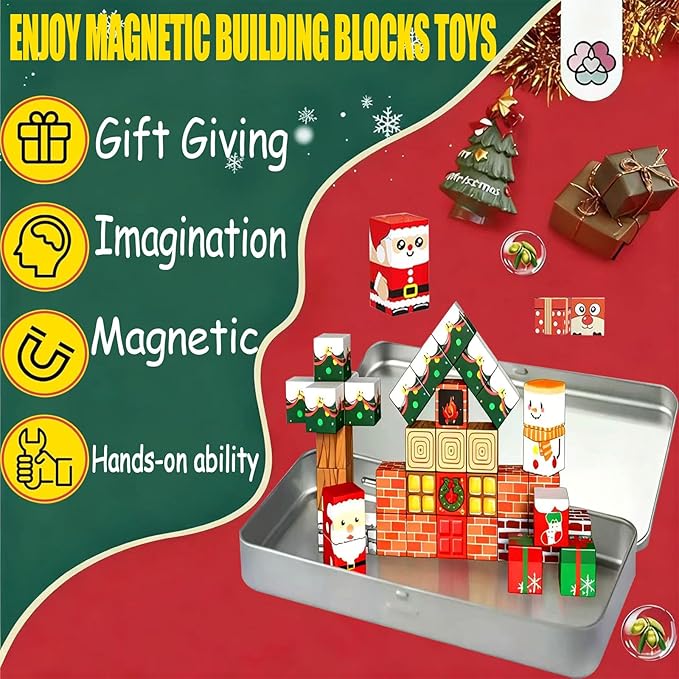 Christmas Magnetic Blocks-45PCS Xmas-Themed Building Blocks for Boys & Girls Aged 3-8 STEM Stacking Toys Games for Kids Toddlers