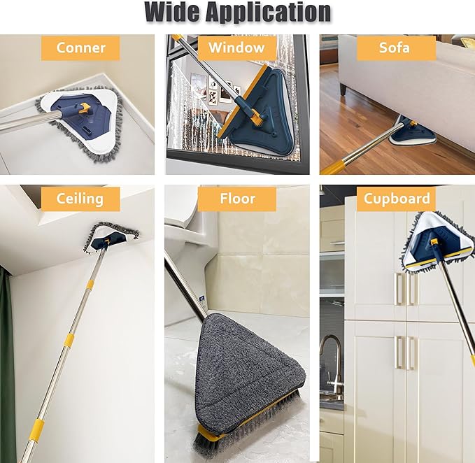 Wall Cleaner Mop with Long Handle, 5-in-1 Wall Cleaning Dust Mop with 6 Replacement Chenille Microfiber Pads, Squeegee, Scrubber, Duster Cleaning Tools for Wall, Window, Floor, Ceiling