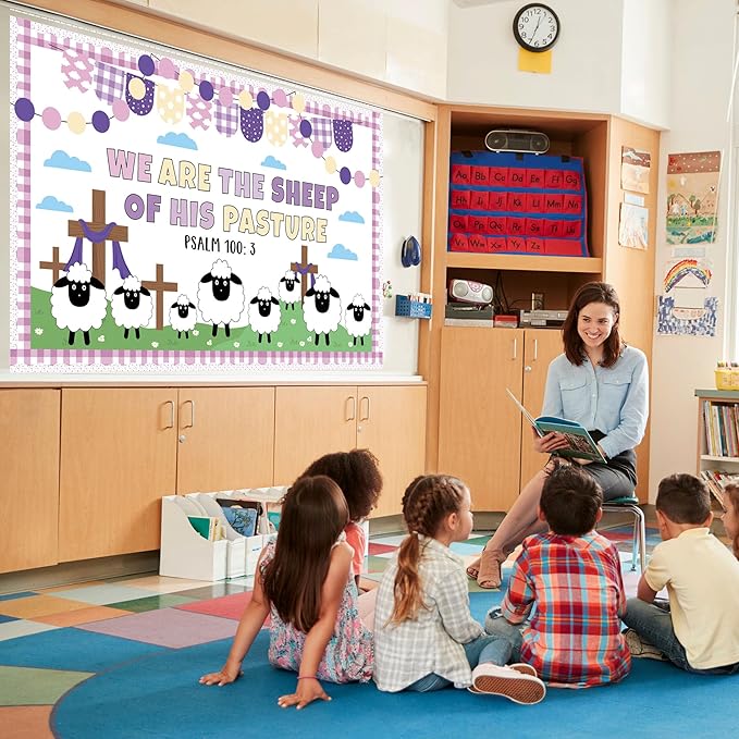 Easter Bulletin Board Decorations Christian Religious Classroom Bulletin Board Set Christian Sheep Cross We are The Sheep of His Pasture Cutouts for Spring School Sunday Home Church Wall Door