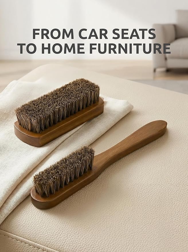 TAKAVU Leather & Upholstery Cleaning Brush Set, 100% Horse Hair Bristle, to Clean Car Seats & Leather Sofas, for Alcantara, Interiors, Furniture, Boots, Shoes, Bags and More