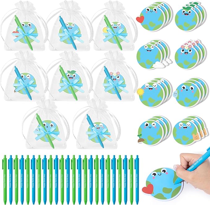 Xqumoi Earth Day Sticky Notes with Pen Gift Set - 24 Set Save The Planet Self Sticky Writing Memo Pads Ballpoint Pens with Mesh Bag Party Favors School Classroom Rewards Office Supplies
